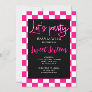 Geruit heet roze wit Lets party Sweet 16 foto Kaart
