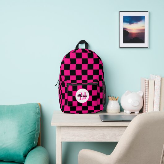 Geruit heet roze zwart geometrische retro Monogram Bedrukte Rugzak (Insitu)