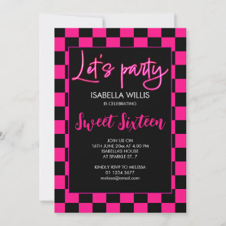 Geruit heet roze zwart retro Lets party Sweet 16 Kaart
