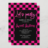 Geruit heet roze zwart retro Lets party Sweet 16 Kaart (Voorkant / Achterkant)