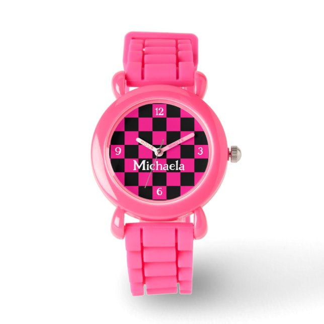 Geruit heet roze zwart retro w nummers Jouw naam Horloge (Voorkant)