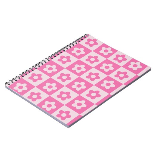 Geruit Hot Roze en Witte Retro Bloemen Patroon Notitieboek (Linkerzijde)