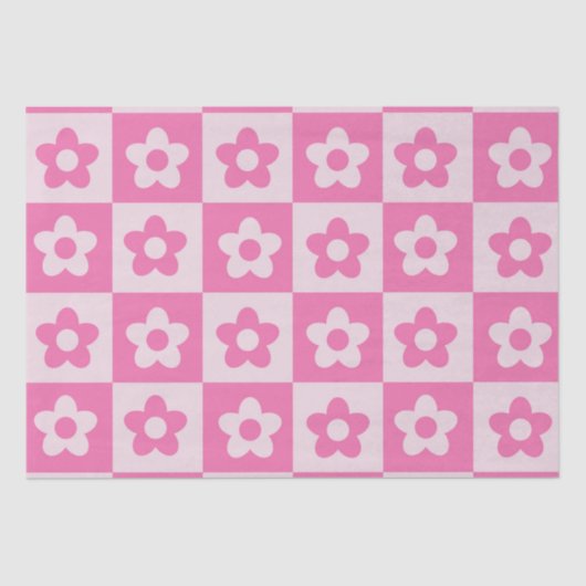 Geruit Hot Roze en Witte Retro Bloemen Patroon Tissuepapier (Voorkant)