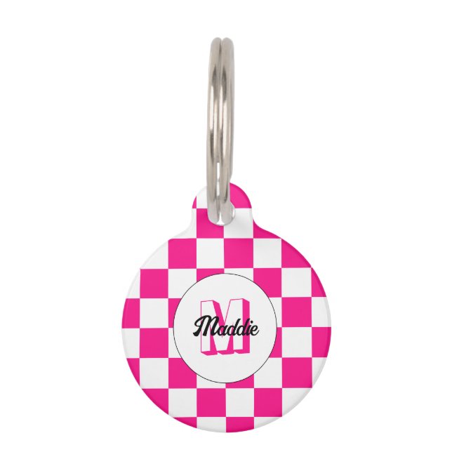 Geruit Hot roze wit geometrische retro Monogram Huisdierpenning (Voorkant)