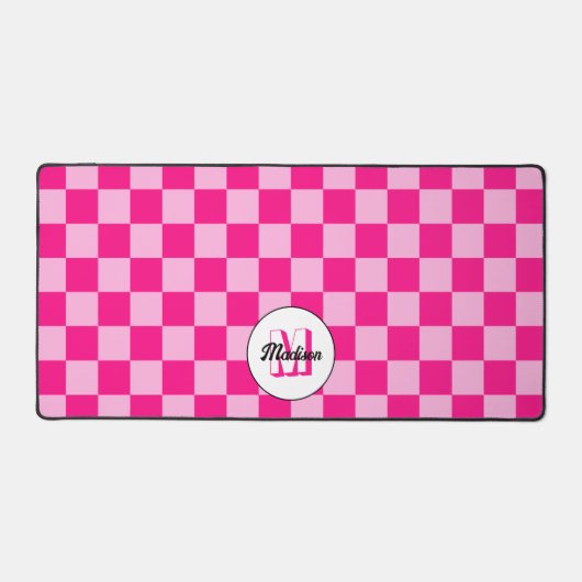 Geruit licht heet roze geometrische retro Monogram Bureaumat (Voorkant)