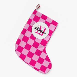 Geruit licht heet roze geometrische retro Monogram Kleine Kerstsok