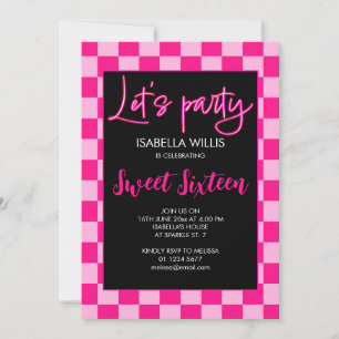 Geruit licht heet roze retro Lets party Sweet 16 Kaart