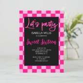 Geruit licht heet roze retro Lets party Sweet 16 Kaart (Staand voorkant)
