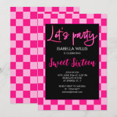 Geruit licht heet roze retro Lets party Sweet 16 Kaart (Voorkant / Achterkant)