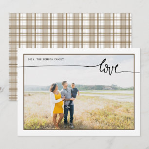 Geruit LOVE Minimaal Script Bruine Kerstkaart