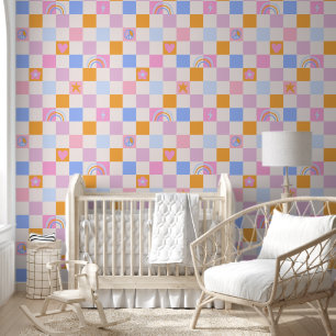 Geruit patroon Regenboog Vrede Girly Wallpaper Behang