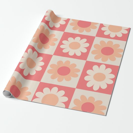 Geruit Perzik Fuzz Retro Bloemen Patroon Cadeaupapier (Uitgerold)