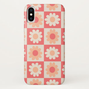 Geruit Perzik Fuzz Retro Bloemen Patroon iPhone X Hoesje