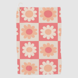 Geruit Perzik Fuzz Retro Bloemen Patroon Golfhanddoek