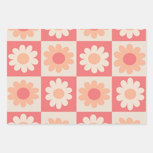 Geruit Perzik Fuzz Retro Bloemen Patroon Inpakpapier Vel (Voorkant)
