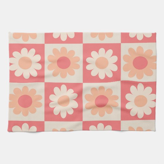 Geruit Perzik Fuzz Retro Bloemen Patroon Theedoek (Horizontaal)