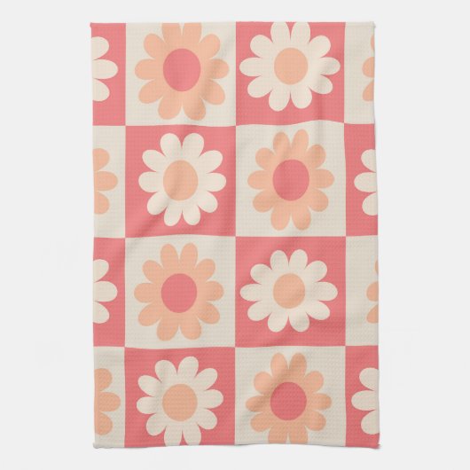 Geruit Perzik Fuzz Retro Bloemen Patroon Theedoek (Verticaal)