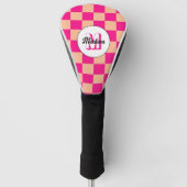 Geruit perzik heet roze geometrische retro Monogra Golfheadcover (Voorkant)