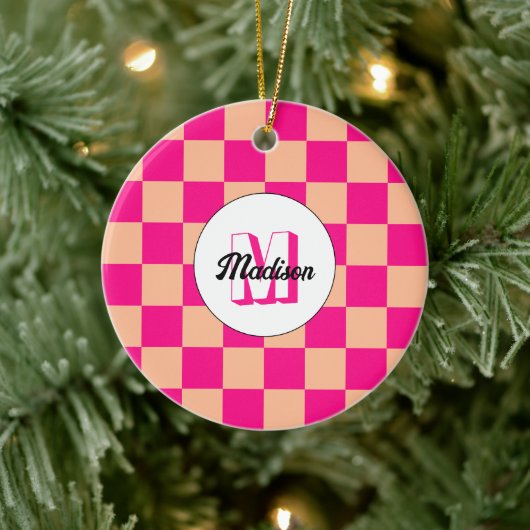Geruit perzik heet roze geometrische retro Monogra Keramisch Ornament (Boom)