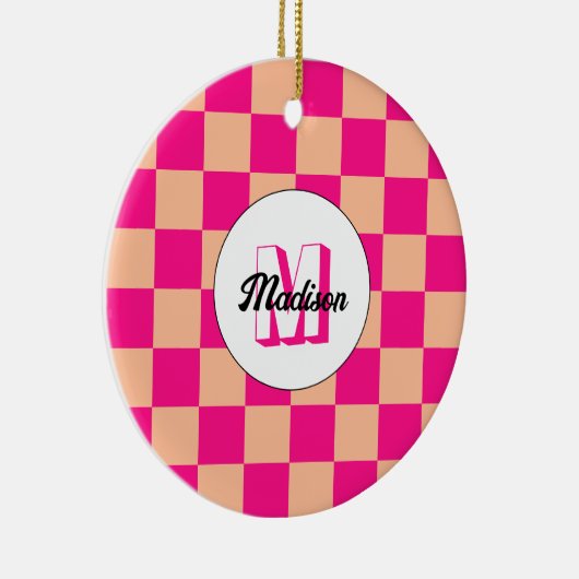 Geruit perzik heet roze geometrische retro Monogra Keramisch Ornament (Rechts)