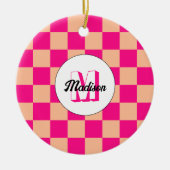 Geruit perzik heet roze geometrische retro Monogra Keramisch Ornament (Voorkant)
