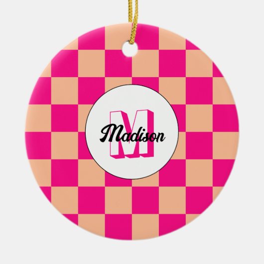 Geruit perzik heet roze geometrische retro Monogra Keramisch Ornament (Voorkant)