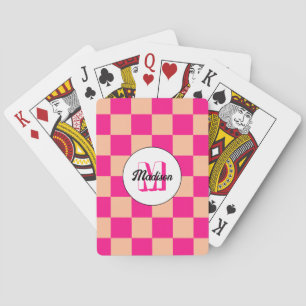 Geruit perzik heet roze geometrische retro Monogra Pokerkaarten