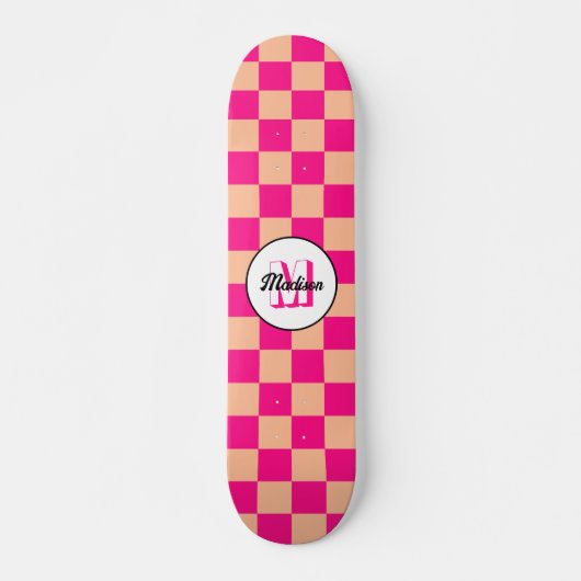 Geruit perzik heet roze geometrische retro Monogra Skateboard (Voorkant)