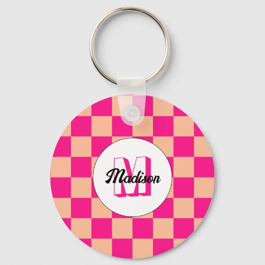 Geruit perzik heet roze geometrische retro Monogra Sleutelhanger (Voorkant)