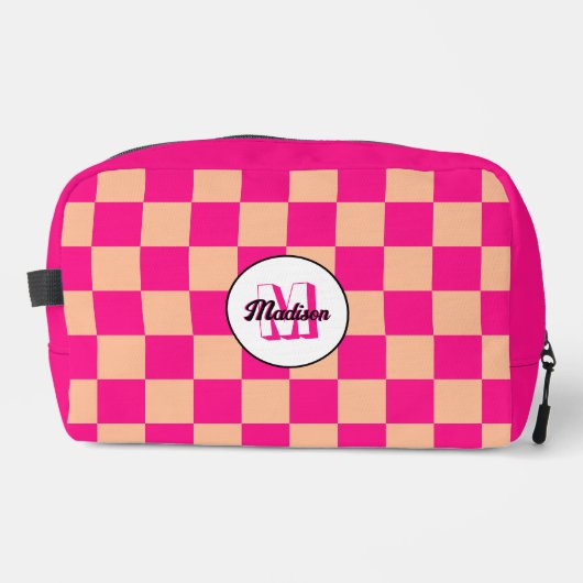 Geruit perzik heet roze geometrische retro Monogra Toilettasje (Voorkant)