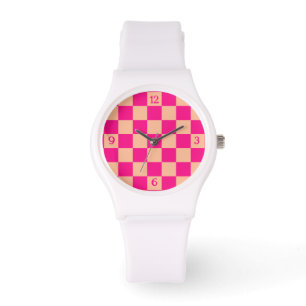 Geruit perzik heet roze geometrische retro w numme horloge