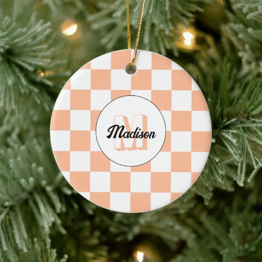 Geruit perzikkleurig wit geometrisch retro monogra keramisch ornament (Boom)