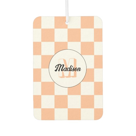 Geruit perzikkleurig wit geometrisch retro monogra luchtverfrisser (Voorkant)