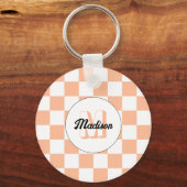 Geruit perzikkleurig wit geometrisch retro monogra sleutelhanger (Voorkant)