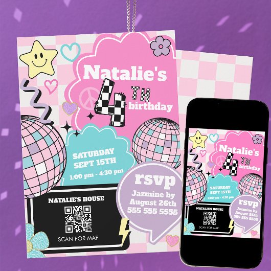 Geruit Retro Groovy Disco 4e verjaardagsfeestje Kaart