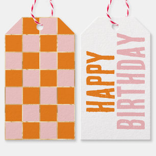 Geruit Sinaasappel Roze Cadeaulabel