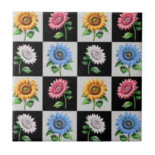 Geruit veelkleurig Zonnebloem Bloemontwerp Tegeltje