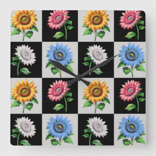 Geruit veelkleurig Zonnebloem Bloemontwerp Vierkante Klok