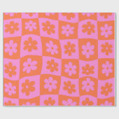 Geruit Warped Retro Pink en Sinaasappel Flowers Cadeaupapier (Vlak)