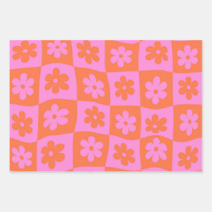 Geruit Warped Retro Pink en Sinaasappel Flowers Inpakpapier Vel