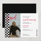 Geruit zwart en rood afstuderen Invitation Kaart (Voorkant / Achterkant)