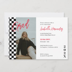 Geruit zwart en rood afstuderen Invitation Kaart