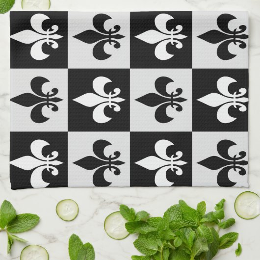 Geruit zwart wit Fleur-de-Lis patroon Theedoek (Gevouwen)