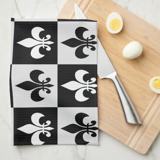 Geruit zwart wit Fleur-de-Lis patroon Theedoek (Quarter Fold)