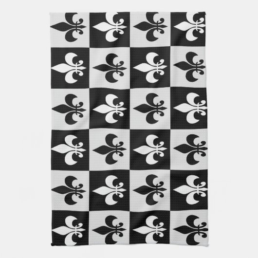Geruit zwart wit Fleur-de-Lis patroon Theedoek (Verticaal)