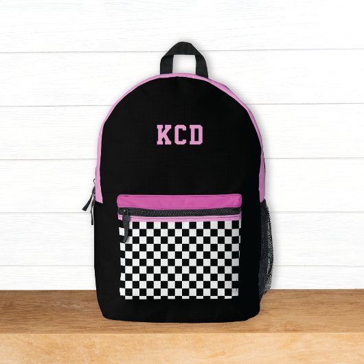 Geruit Zwart Wit Roze Monogram Initialen Kinder Bedrukte Rugzak