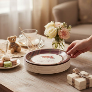 Geruite babyborrel papieren bord in vintage rode r