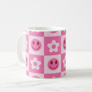 Geruite bloemen en Happy Faces Roze Koffiemok