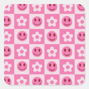 Geruite bloemen en vrolijke gezichten roze    vierkante sticker