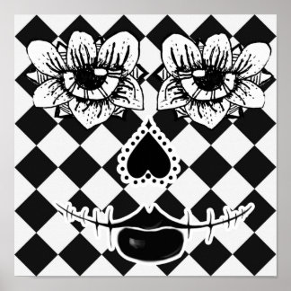 Geruite Bloemengezicht | Zwart-Wit Surrealisme Poster